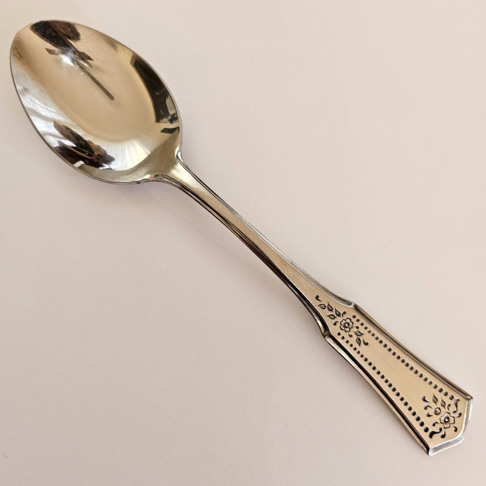 Stanley Roberts Floral Soup Spoon 7" Rogers dot black accent satin burnished